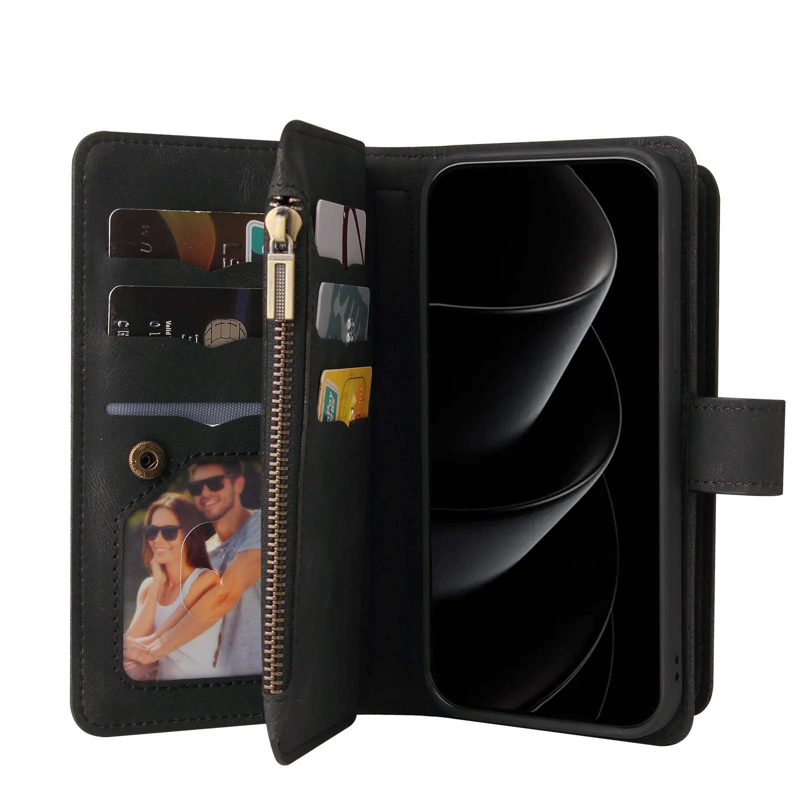 For iPhone 17 Pro Max Zipper Wallet Case with 15 Card Slots and Strap Leather Phone Cover - Black - Image 3