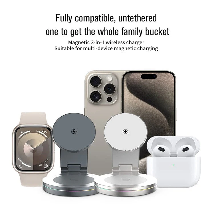For iPhone / Apple Watch / AirPods 3-in-1 Charging Stand Bottom Rotatable Magnetic Wireless Charger - Silver - Image 8
