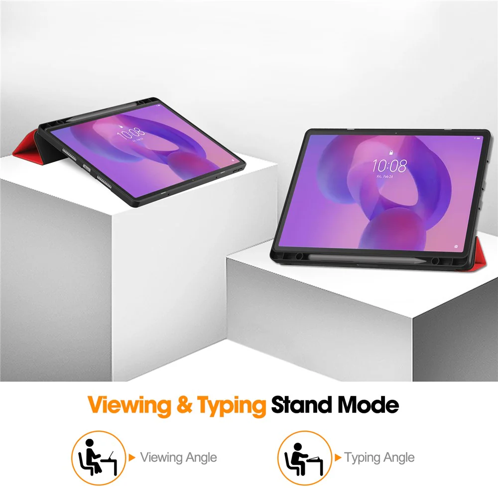 For Lenovo Idea Tab Pro Case Tri-Fold Stand Leather + PC Tablet Cover with Pen Holder - Red - Image 4
