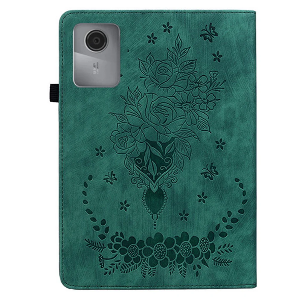 For Lenovo Idea Tab (TB336ZU / TB336FU) / Xiaoxin Pad 11 2025 Case Card Holder Anti-Scratch Leather Cover Rose Flower Imprint - Green - Image 5