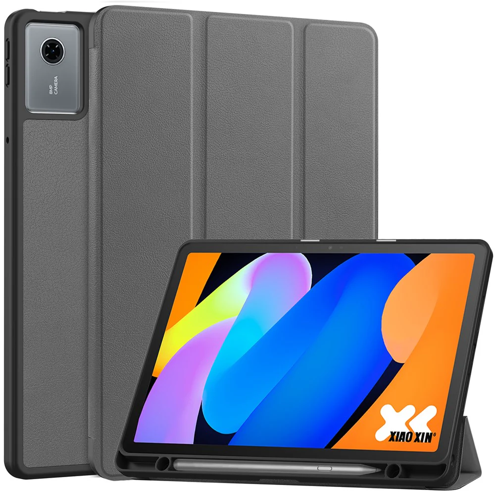 For Lenovo Idea Tab (TB336ZU / TB336FU) / Xiaoxin Pad 11 2025 Stand Case Shock-Absorbent Leather Tablet Cover with Pen Slot - Grey