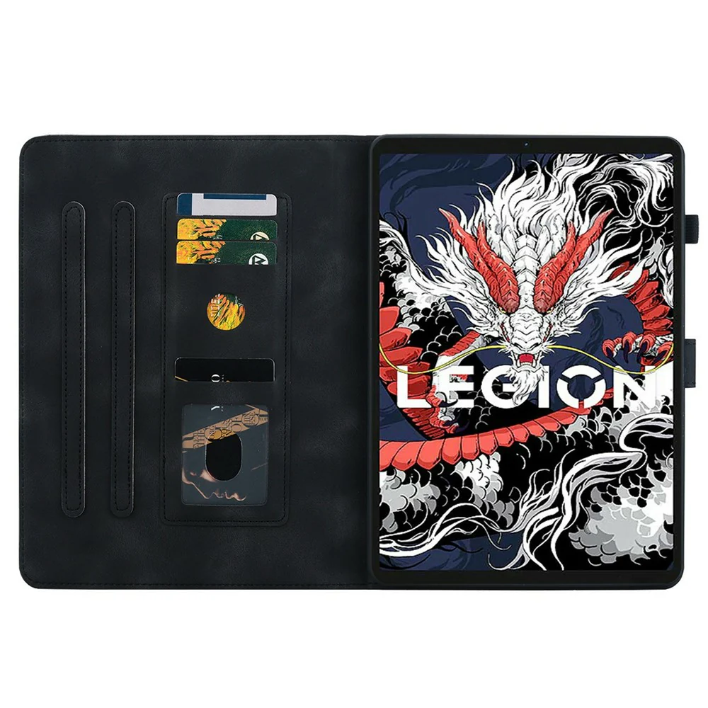 For Lenovo Legion Y700 (2025) Case Lily Flower Imprint Card Slots Leather Tablet Cover - Black - Image 2