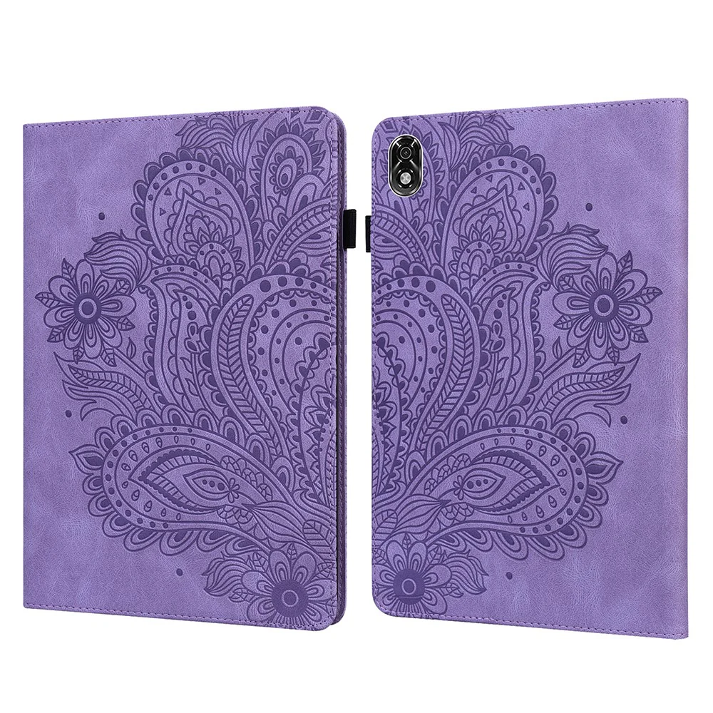 For Lenovo Legion Y700 Elastic Band Anti-fall Imprinting Flower Card Slots Stand Design PU Leather Tablet Cover Case - Purple