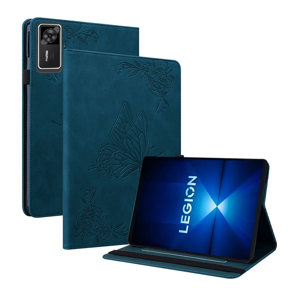For Lenovo Legion Y700 Gen 4 Case Butterfly Flower Imprint PU Leather Tablet Cover with Card Slots - Blue