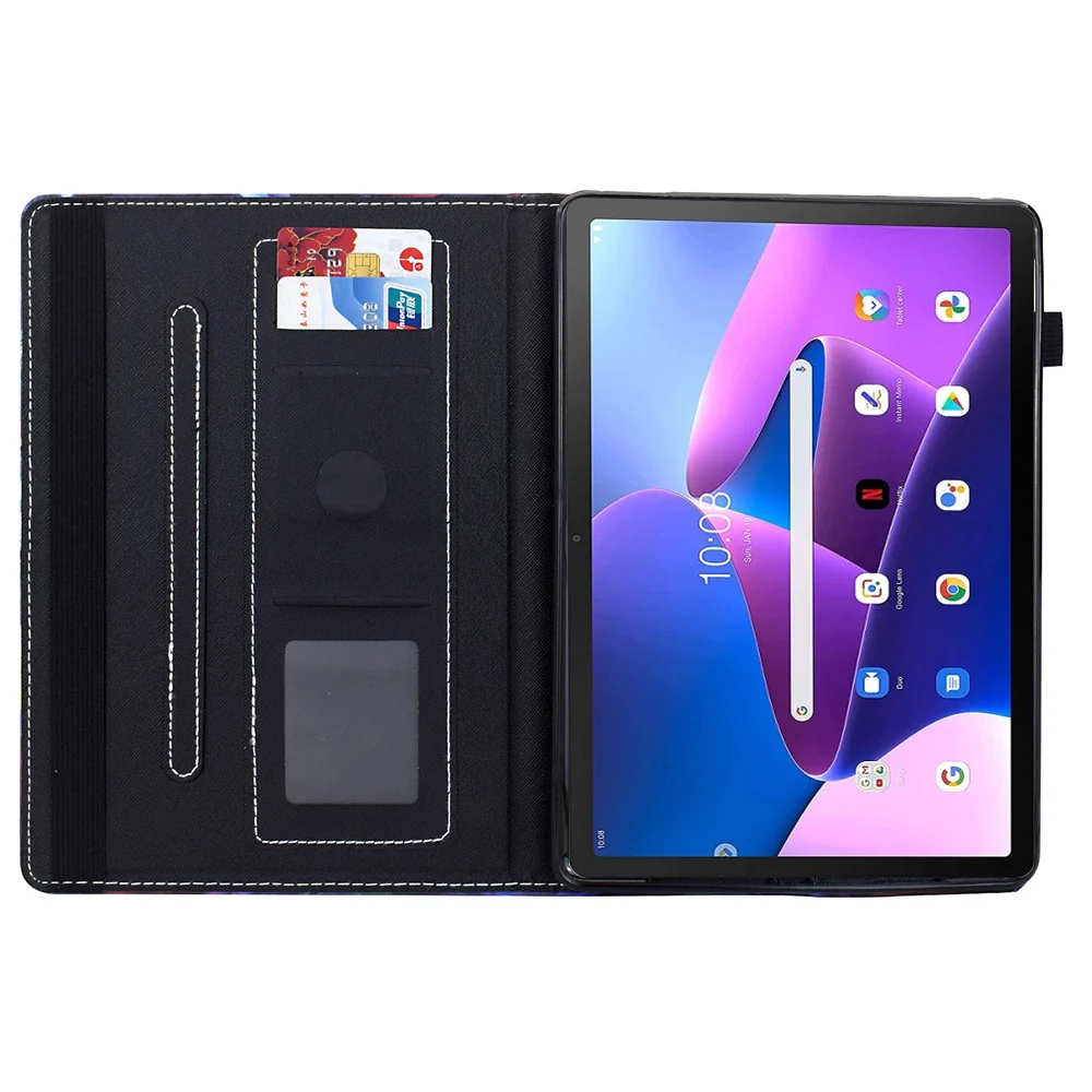 For Lenovo M10 Plus Case Pattern Printing Card Holder Leather Tablet Stand Cover - Flowers and Birds - Image 2
