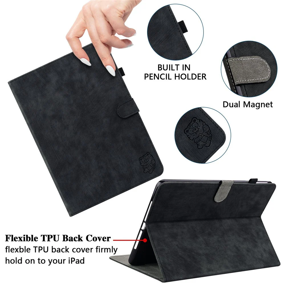 For Lenovo M10 Plus Shockproof Tablet Case with Card Slot Cute Tiger Pattern Imprinted Stand Shell TPU+PU Leather Anti-Drop Cover - Black - Image 6