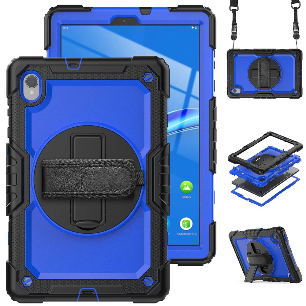For Lenovo M10 Plus / Smart Tab M10 FHD Plus Silicone+PC Tablet Case Hand Strap Kickstand Shockproof Cover with Shoulder Strap - Blue PC / Black