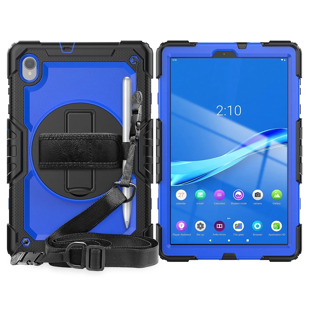 For Lenovo M10 Plus / Smart Tab M10 FHD Plus Silicone+PC Tablet Case Hand Strap Kickstand Shockproof Cover with Shoulder Strap - Blue PC / Black - Image 2