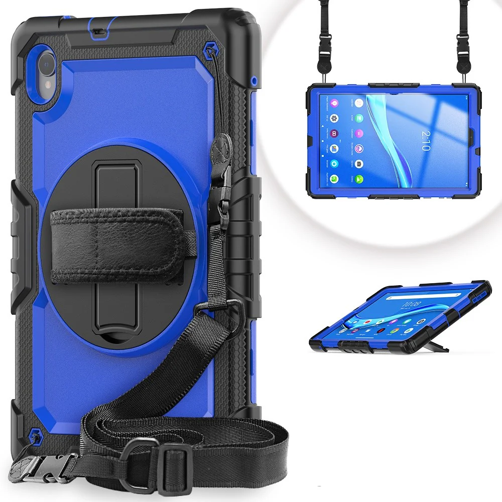 For Lenovo M10 Plus / Smart Tab M10 FHD Plus Silicone+PC Tablet Case Hand Strap Kickstand Shockproof Cover with Shoulder Strap - Blue PC / Black - Image 3