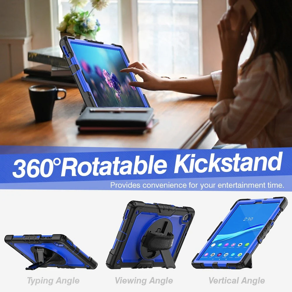 For Lenovo M10 Plus / Smart Tab M10 FHD Plus Silicone+PC Tablet Case Hand Strap Kickstand Shockproof Cover with Shoulder Strap - Blue PC / Black - Image 4