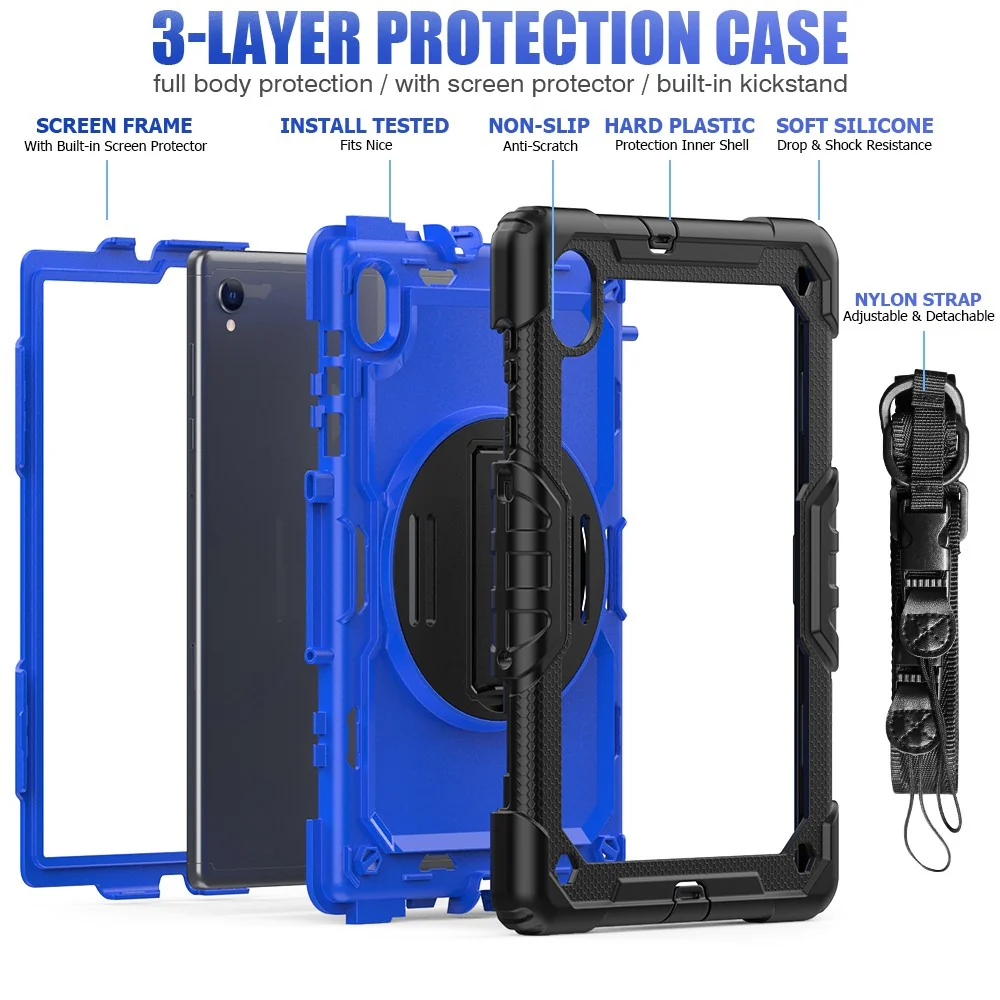 For Lenovo M10 Plus / Smart Tab M10 FHD Plus Silicone+PC Tablet Case Hand Strap Kickstand Shockproof Cover with Shoulder Strap - Blue PC / Black - Image 5