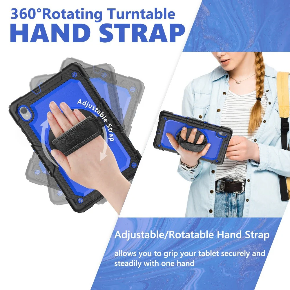 For Lenovo M10 Plus / Smart Tab M10 FHD Plus Silicone+PC Tablet Case Hand Strap Kickstand Shockproof Cover with Shoulder Strap - Blue PC / Black - Image 7