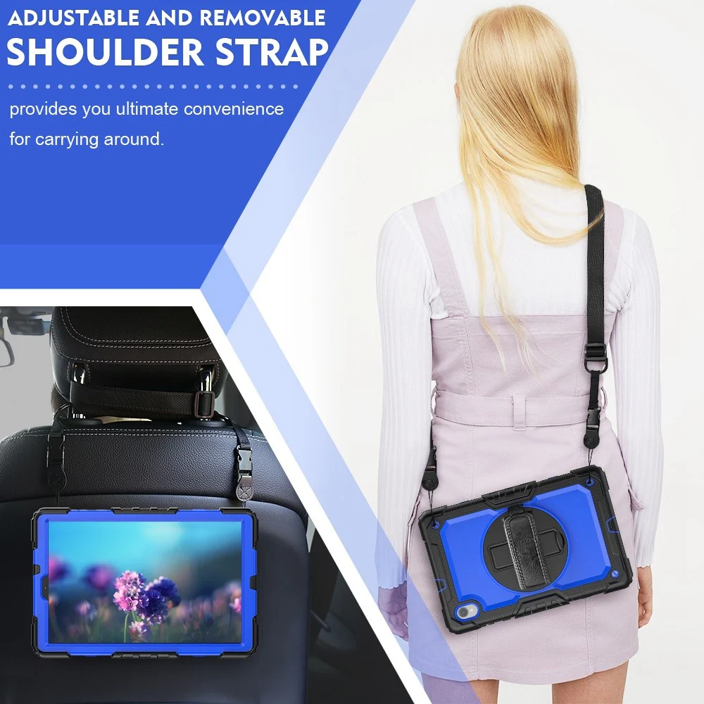 For Lenovo M10 Plus / Smart Tab M10 FHD Plus Silicone+PC Tablet Case Hand Strap Kickstand Shockproof Cover with Shoulder Strap - Blue PC / Black - Image 8