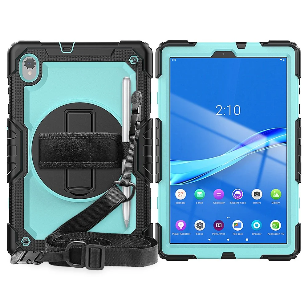 For Lenovo M10 Plus / Smart Tab M10 FHD Plus Silicone+PC Tablet Case Hand Strap Kickstand Shockproof Cover with Shoulder Strap - Cyan PC / Black - Image 2