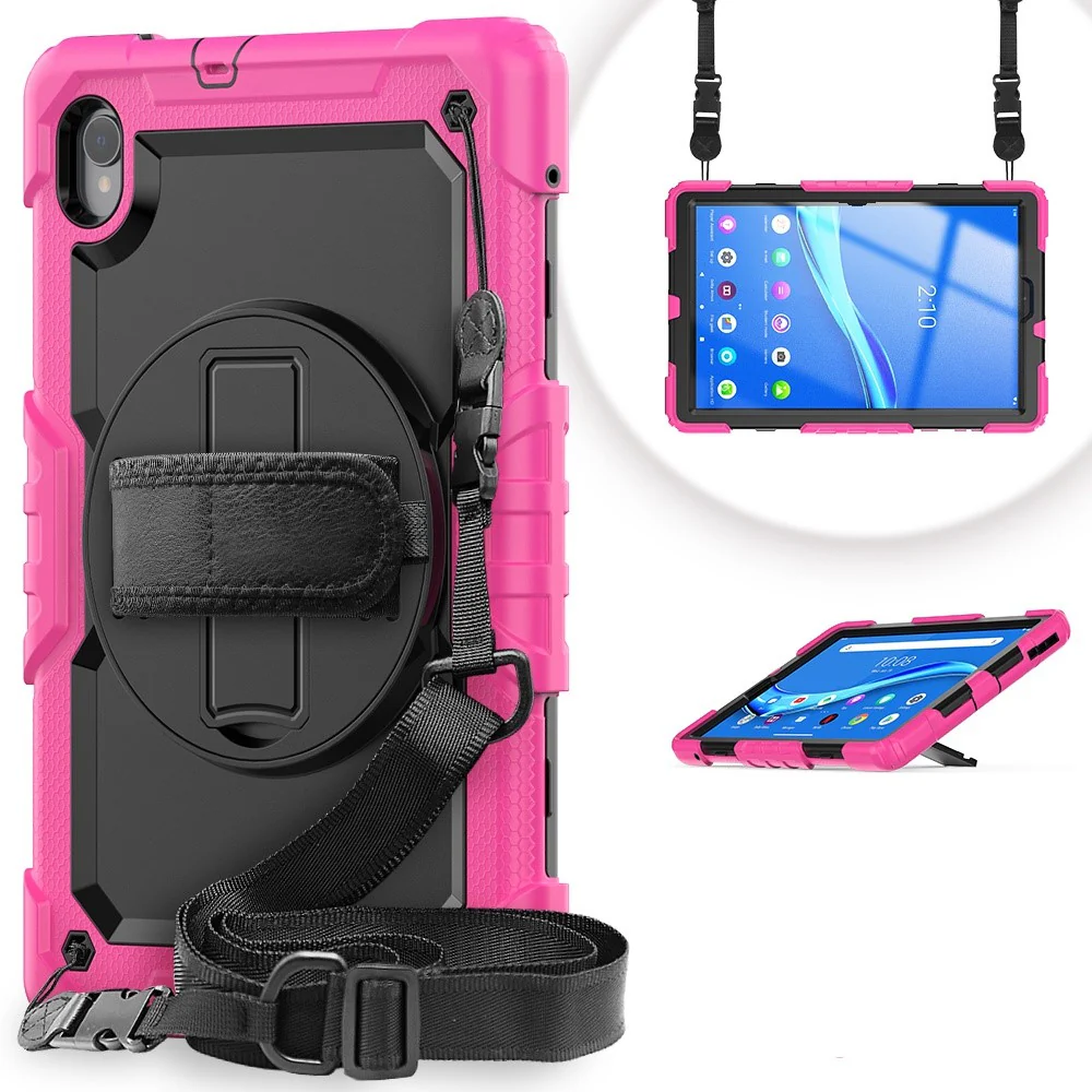 For Lenovo M10 Plus / Smart Tab M10 FHD Plus Silicone+PC Tablet Case Hand Strap Kickstand Shockproof Cover with Shoulder Strap - Rose - Image 3