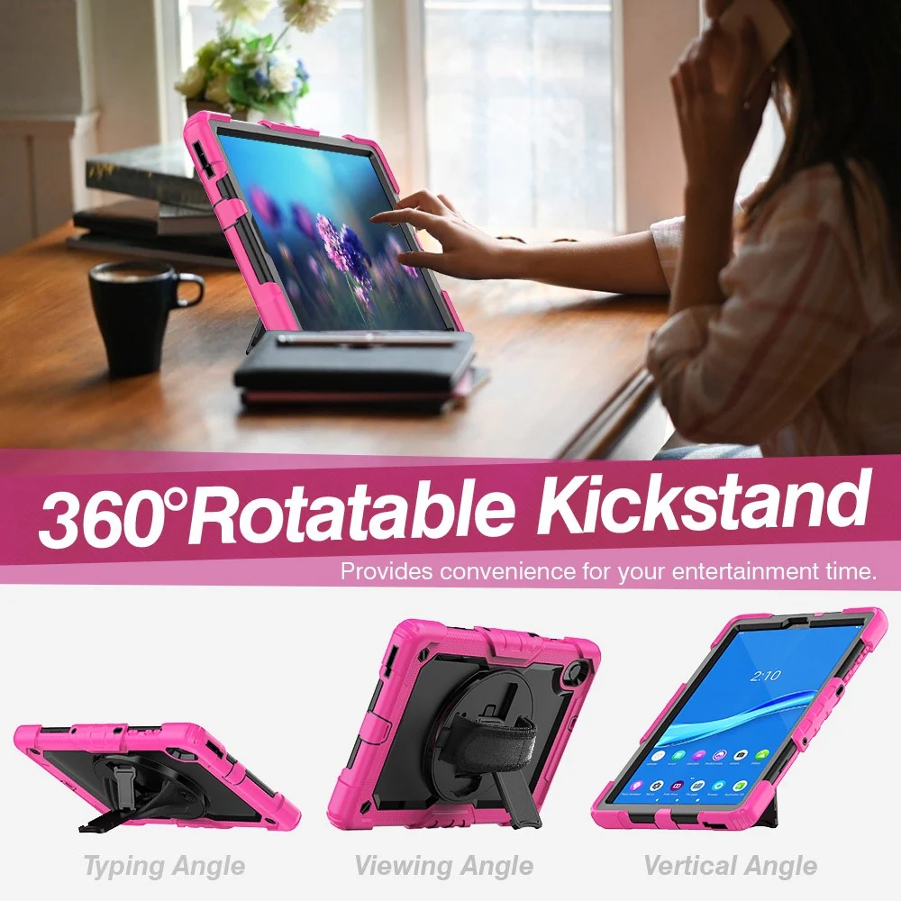 For Lenovo M10 Plus / Smart Tab M10 FHD Plus Silicone+PC Tablet Case Hand Strap Kickstand Shockproof Cover with Shoulder Strap - Rose - Image 4