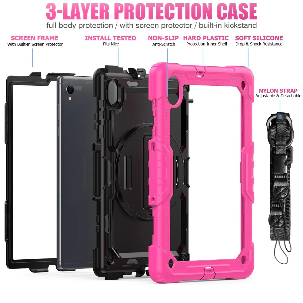 For Lenovo M10 Plus / Smart Tab M10 FHD Plus Silicone+PC Tablet Case Hand Strap Kickstand Shockproof Cover with Shoulder Strap - Rose - Image 5