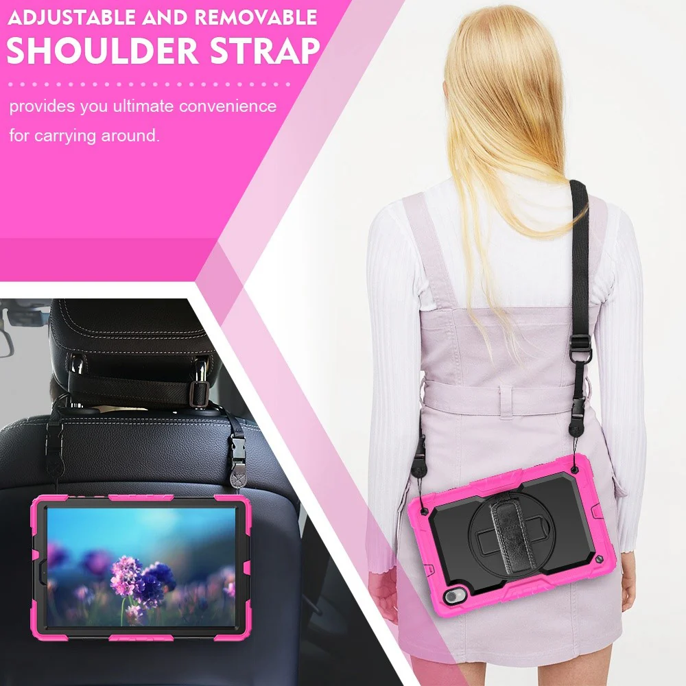 For Lenovo M10 Plus / Smart Tab M10 FHD Plus Silicone+PC Tablet Case Hand Strap Kickstand Shockproof Cover with Shoulder Strap - Rose - Image 8