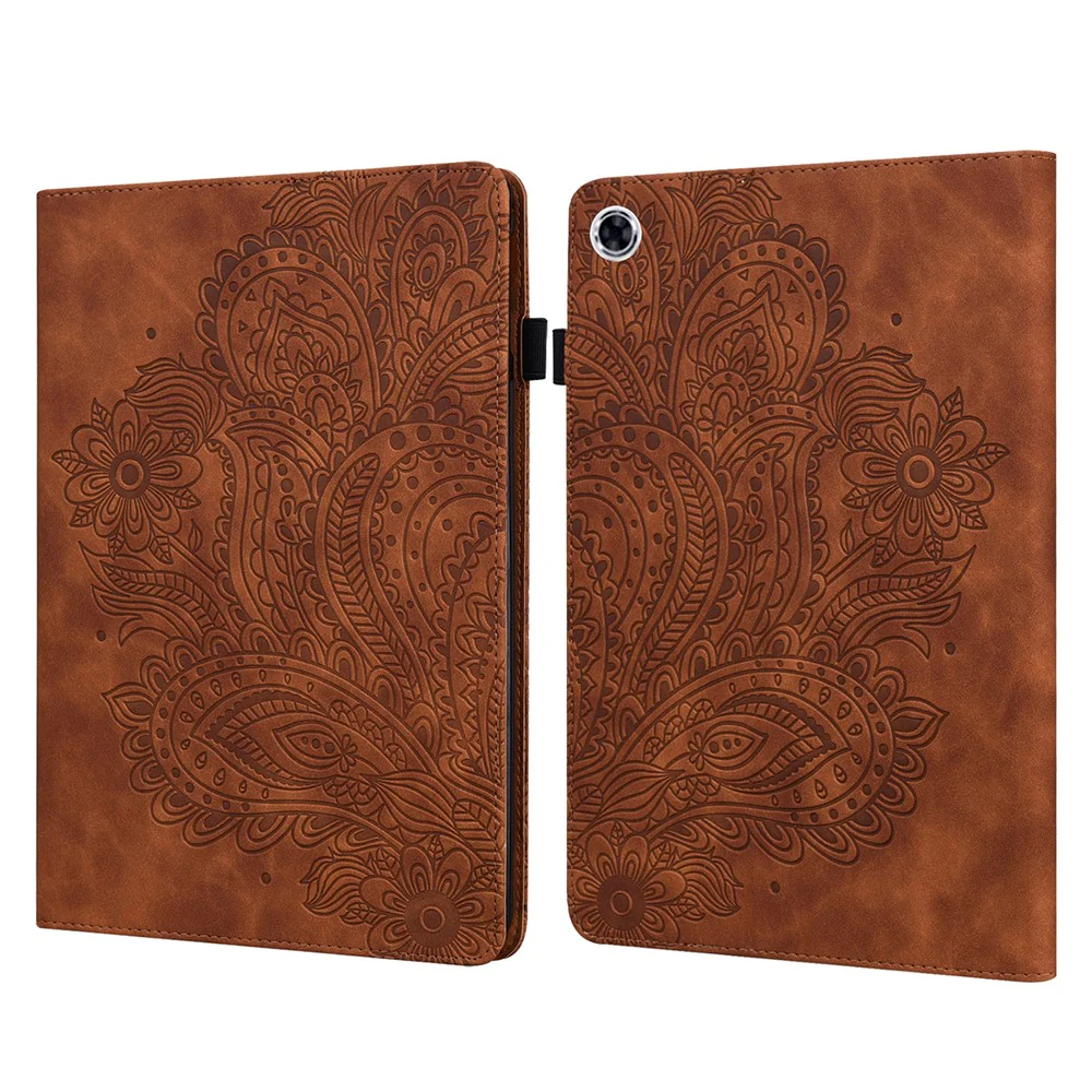 For Lenovo M10 Plus / Smart Tab M10 FHD Plus X606F Imprinted Flower Pattern Leather Wallet Stand Tablet Protective Shell - Brown