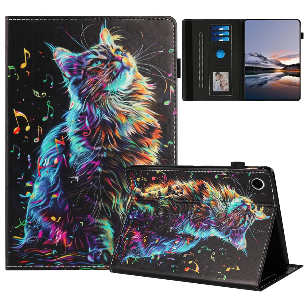 For Lenovo M10 Plus TB-X606F Case Pattern Leather Tablet Cover with Auto Sleep / Wake, Card Holder - Musical Note Cat