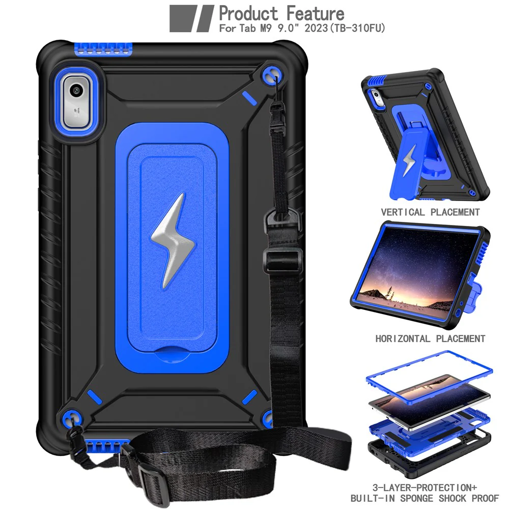 For Lenovo Nook 9 inch (2024) / Tab M9 TB-310FU TB-310FX Case Kickstand PC + Silicone Tablet Cover with Shoulder Strap - Black + Blue - Image 2