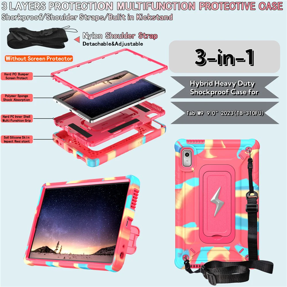 For Lenovo Nook 9 inch (2024) / Tab M9 TB-310FU TB-310FX Case Kickstand PC + Silicone Tablet Cover with Shoulder Strap - Camouflage Rose + Rose - Image 7