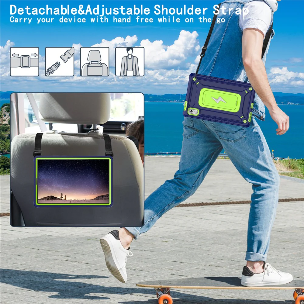 For Lenovo Nook 9 inch (2024) / Tab M9 TB-310FU TB-310FX Case Kickstand PC + Silicone Tablet Cover with Shoulder Strap - Navy Blue + Yellowgreen - Image 4