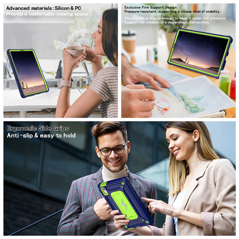 For Lenovo Nook 9 inch (2024) / Tab M9 TB-310FU TB-310FX Case Kickstand PC + Silicone Tablet Cover with Shoulder Strap - Navy Blue + Yellowgreen - Image 5