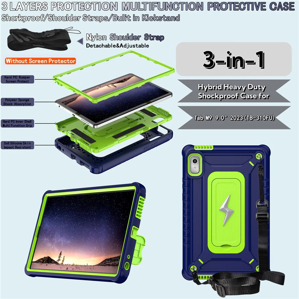 For Lenovo Nook 9 inch (2024) / Tab M9 TB-310FU TB-310FX Case Kickstand PC + Silicone Tablet Cover with Shoulder Strap - Navy Blue + Yellowgreen - Image 7