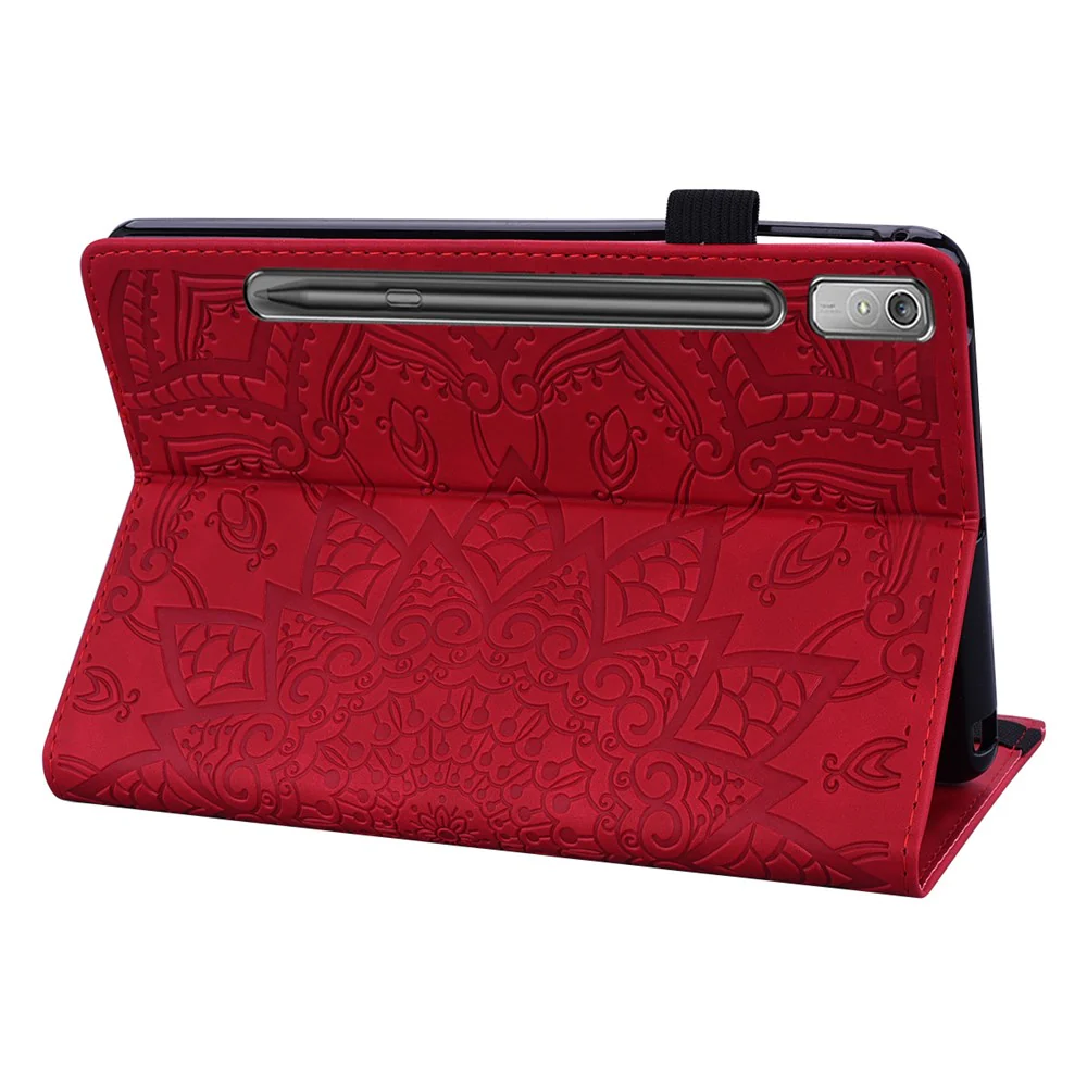 For Lenovo Pad Pro 2022 / Tab P11 Pro Gen 2 Imprinted Flower Pattern Tablet Case PU Leather Stand Card Slot Cover with Elastic Band and Pen Loop - Red - Image 4