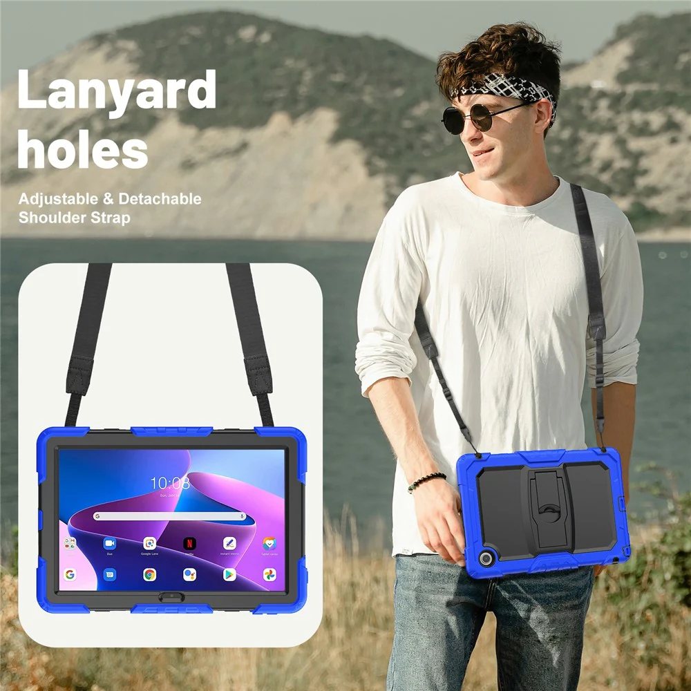 For Lenovo Tab 10.1 (2025) TB-311XU  /  Tab TB311FU Case Kickstand PC + Silicone Shockproof Tablet Cover with Shoulder Strap - Dark Blue - Image 7