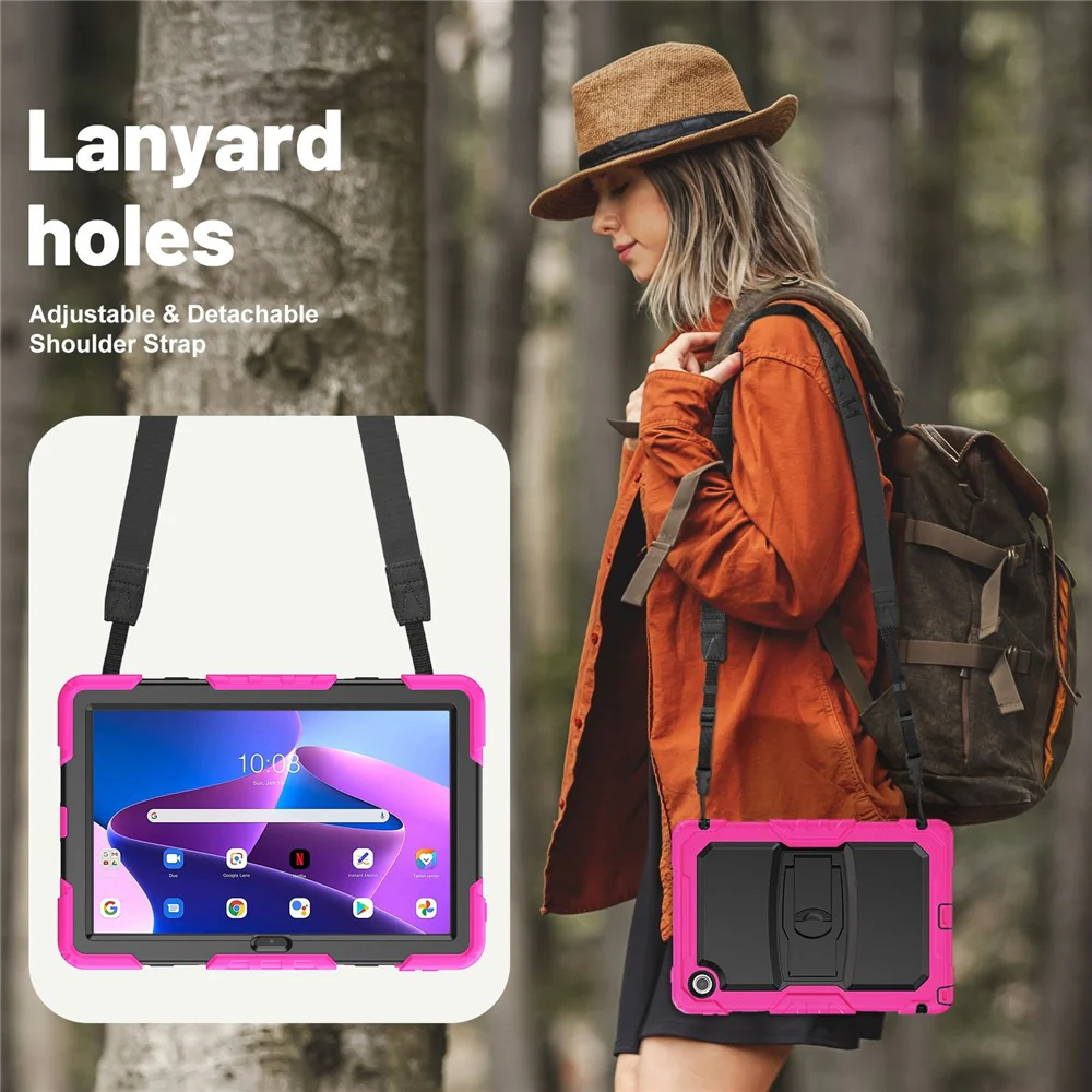 For Lenovo Tab 10.1 (2025) TB-311XU  /  Tab TB311FU Case Kickstand PC + Silicone Shockproof Tablet Cover with Shoulder Strap - Rose - Image 8