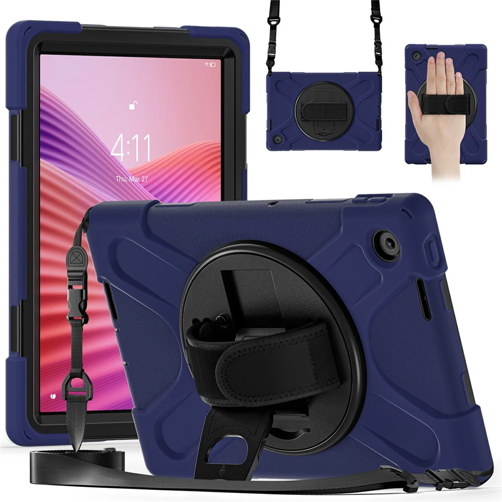 For Lenovo Tab 10.1 (2025) TB311XU / Zhaoyang K10C Kickstand Case TPU PC Silicone Tablet Cover with Shoulder Strap - Navy Blue