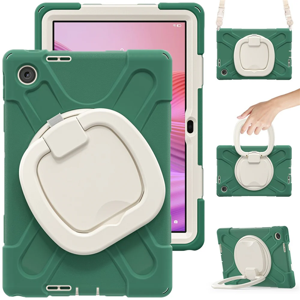 For Lenovo Tab 10.1 (2025) TB311XU2 / Zhaoyang K10C Case with Shoulder Strap TPU + PC + Silicone Kickstand Tablet Cover - Emerald Green