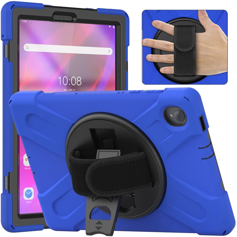 For Lenovo Tab K10/M10 Plus 360-degree Swiveling Kickstand Anti-scratch PC + Silicone Hybrid Case Cover Shell with Hand Band - Blue