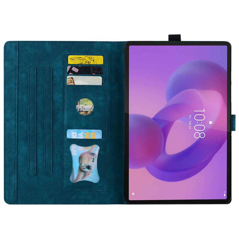 For Lenovo Tab K10C / Tab E10C Case Card Slots Leather Tablet Stand Folio Cover Flower Cat - Blue - Image 2