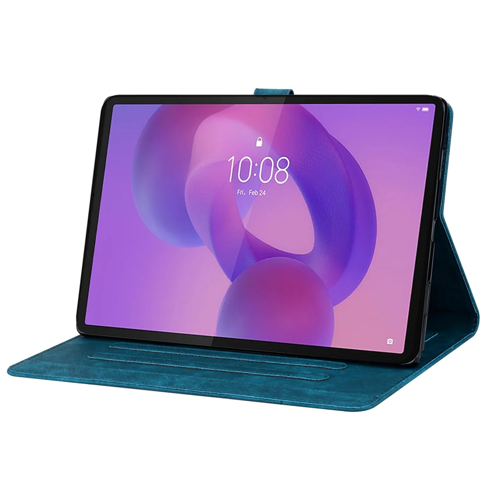 For Lenovo Tab K10C / Tab E10C Case Card Slots Leather Tablet Stand Folio Cover Flower Cat - Blue - Image 3