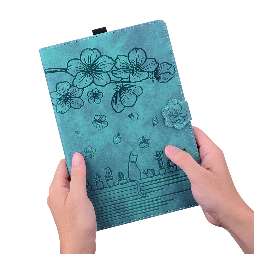 For Lenovo Tab K10C / Tab E10C Case Card Slots Leather Tablet Stand Folio Cover Flower Cat - Green - Image 6
