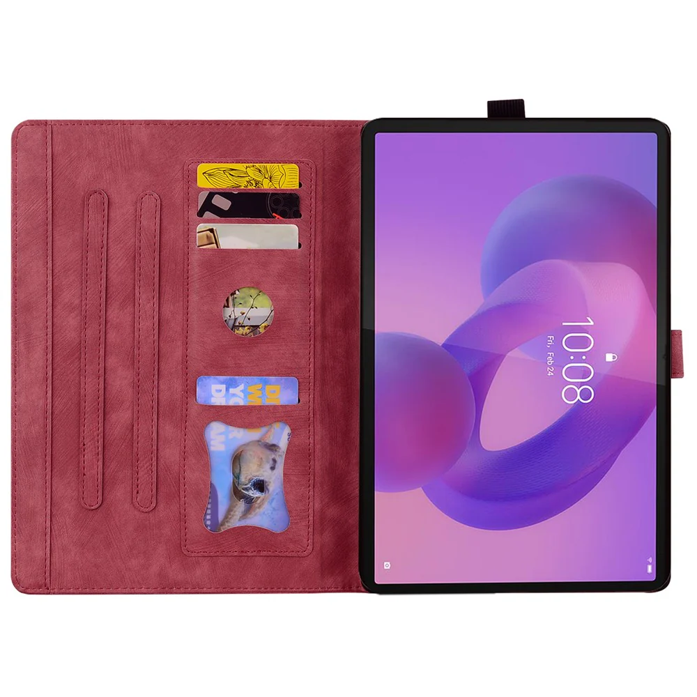 For Lenovo Tab K10C / Tab E10C Case Card Slots Leather Tablet Stand Folio Cover Flower Cat - Red - Image 2