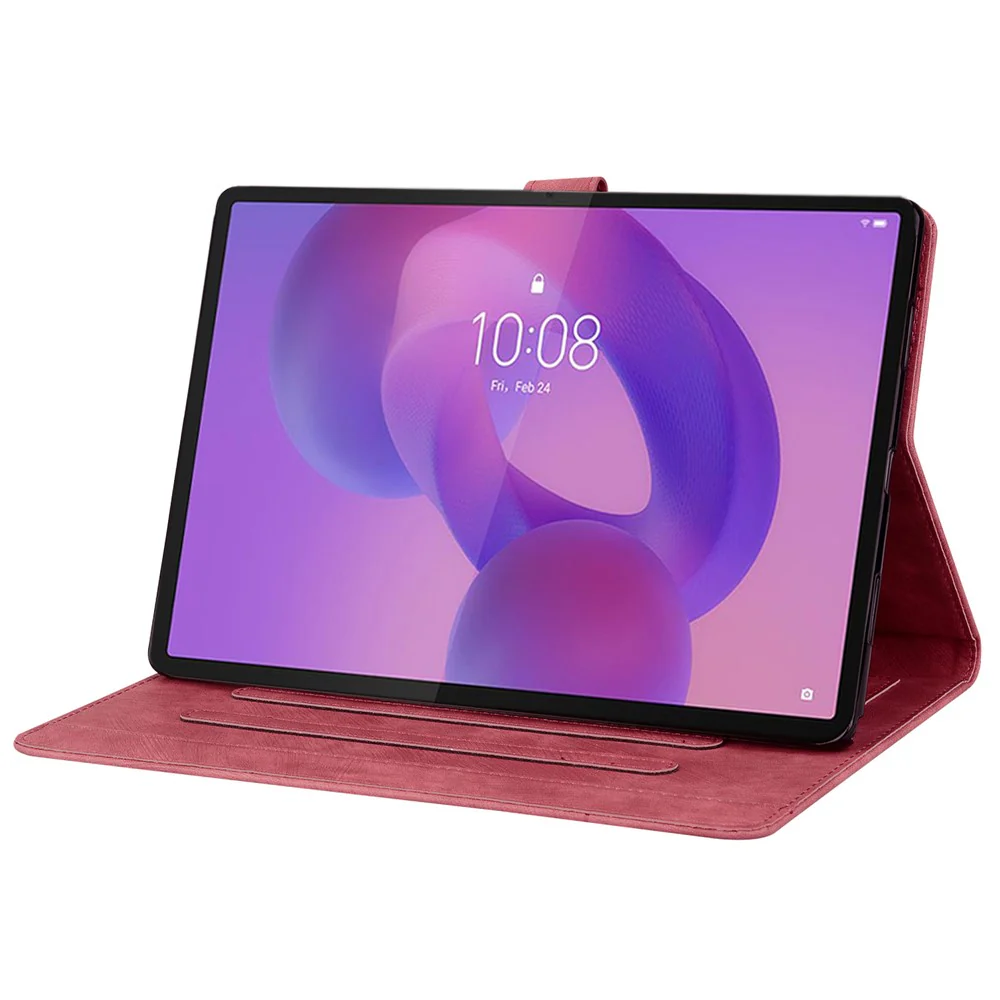 For Lenovo Tab K10C / Tab E10C Case Card Slots Leather Tablet Stand Folio Cover Flower Cat - Red - Image 3