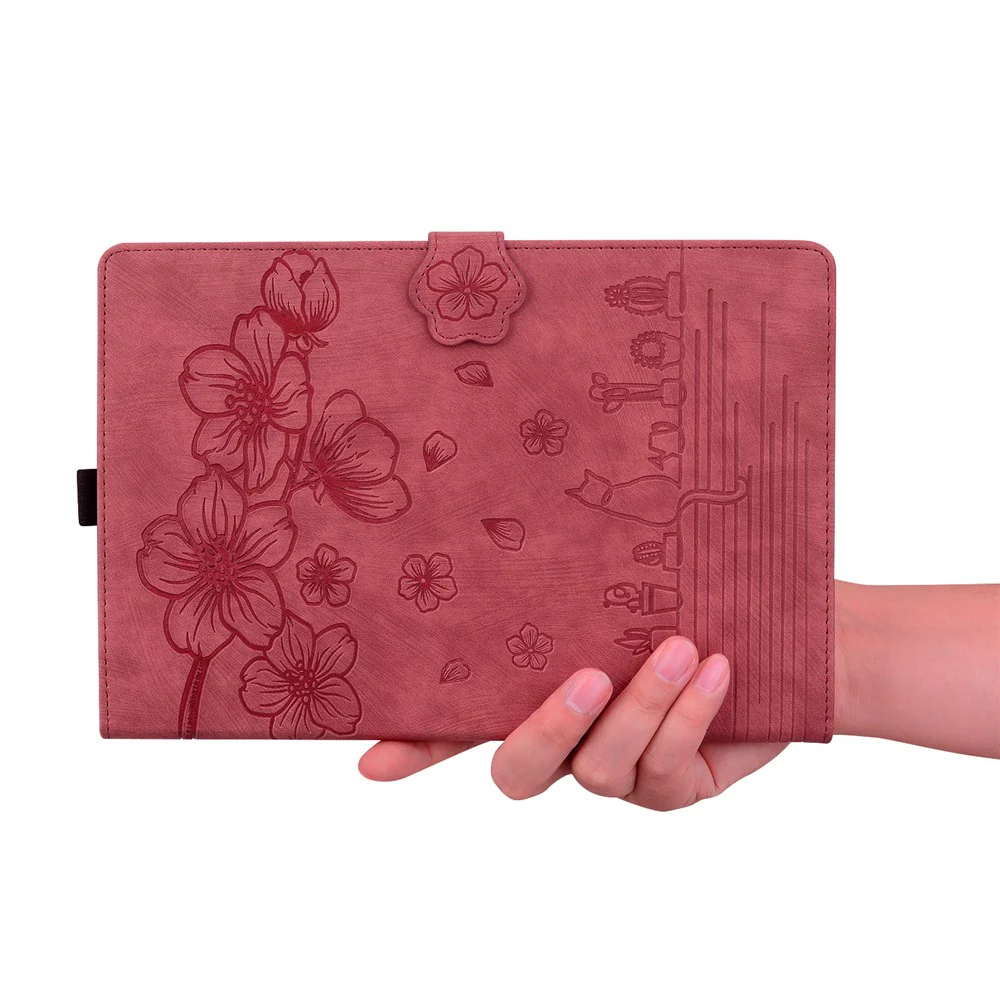 For Lenovo Tab K10C / Tab E10C Case Card Slots Leather Tablet Stand Folio Cover Flower Cat - Red - Image 5