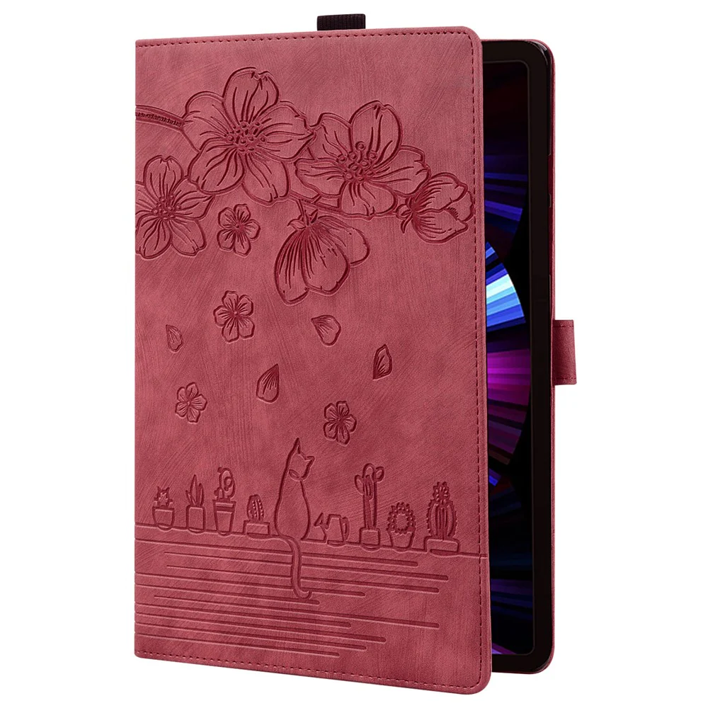 For Lenovo Tab K10C / Tab E10C Case Card Slots Leather Tablet Stand Folio Cover Flower Cat - Red - Image 7