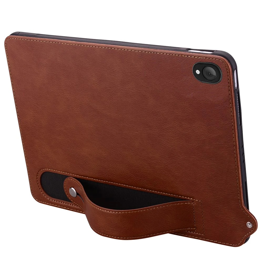 For Lenovo Tab K10C / Tab E10C Case Hand Strap Kickstand Leather Tablet Cover - Brown - Image 2