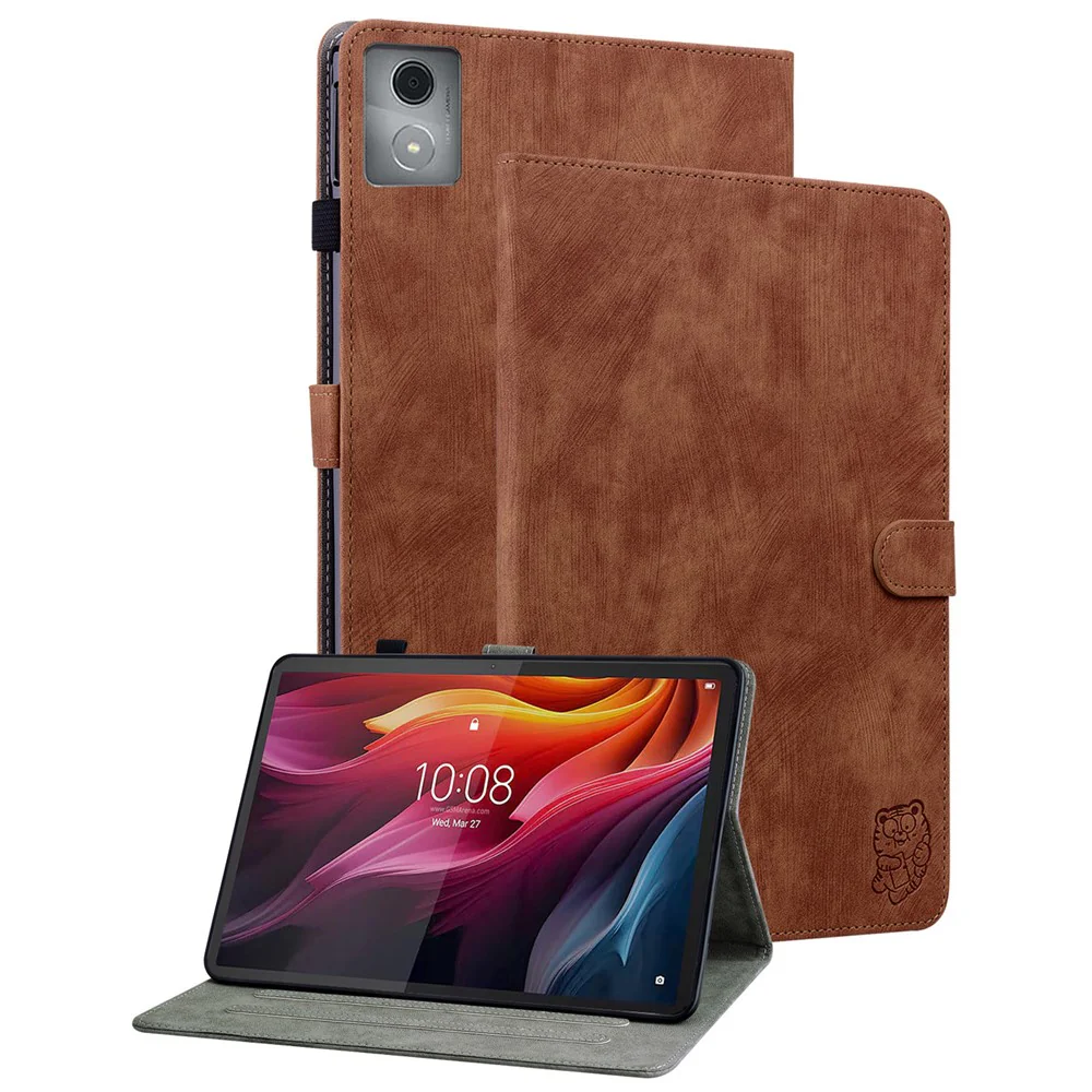 For Lenovo Tab K11 Plus Cases Anti-Slip Tiger Imprint PU Leather Tablet Cover - Brown