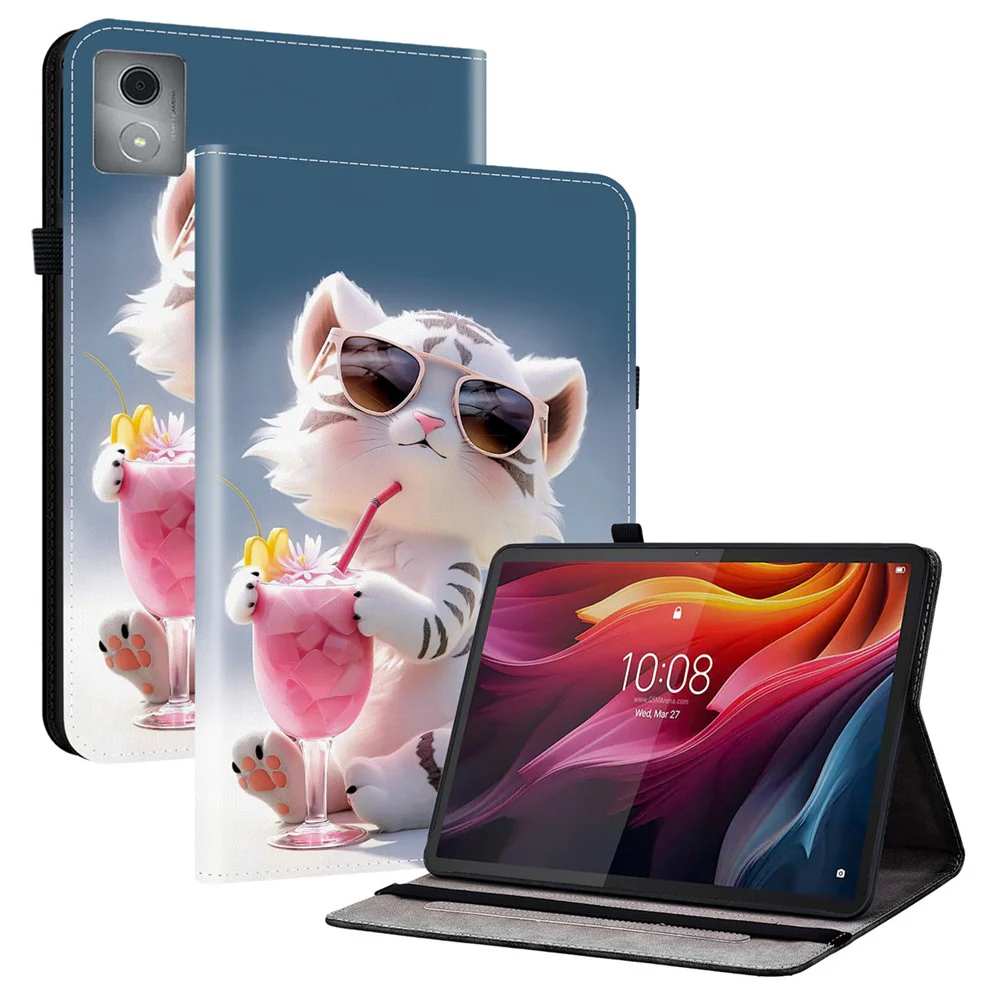 For Lenovo Tab K11 Plus / M11 Plus Leather Case Pattern Printed Stand Tablet Cover with Card Slots - Cartoon Tiger