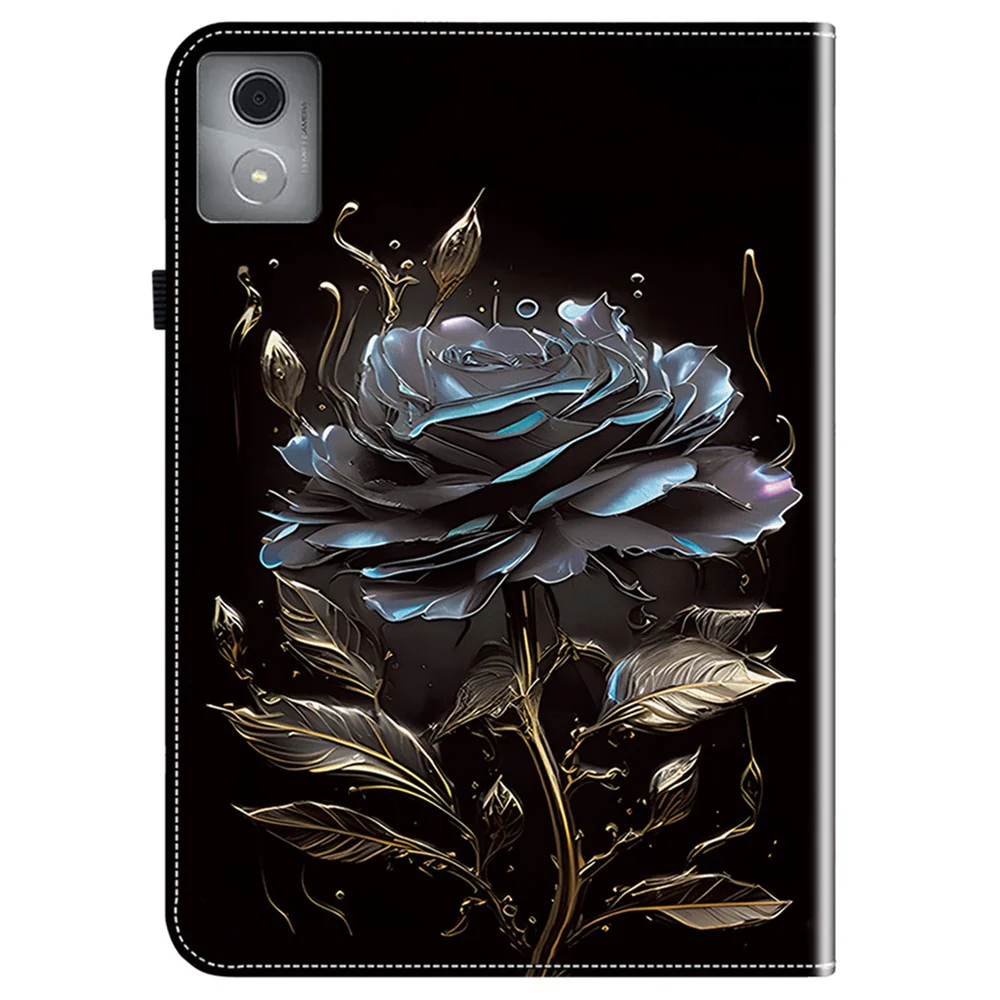 For Lenovo Tab K11 Plus Stand Case Pattern Print Card Slots PU Leather Tablet Cover - Black Rose - Image 6