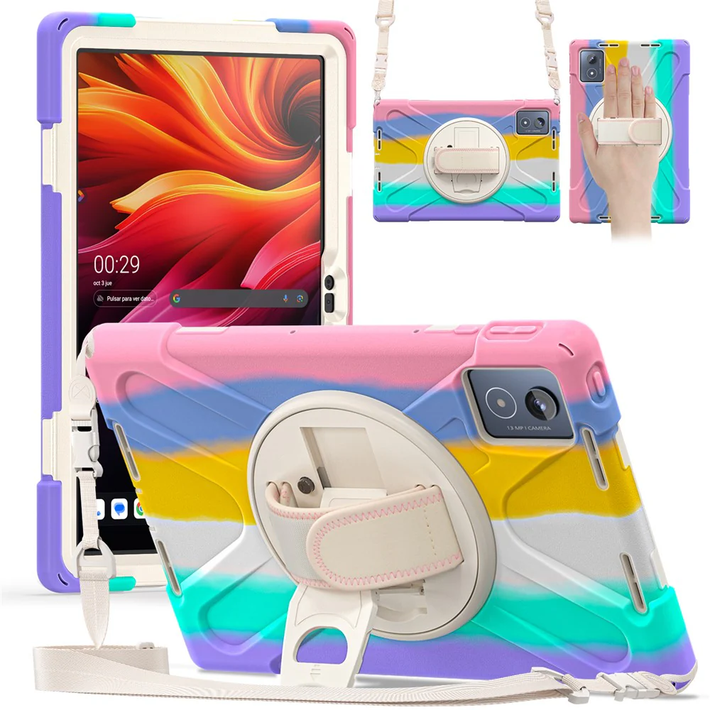 For Lenovo Tab K11 Plus / Zhaoyang K11 B352FU, TB230XC Kickstand Case TPU PC Silicone Tablet Cover with Shoulder Strap - Colorful Pink