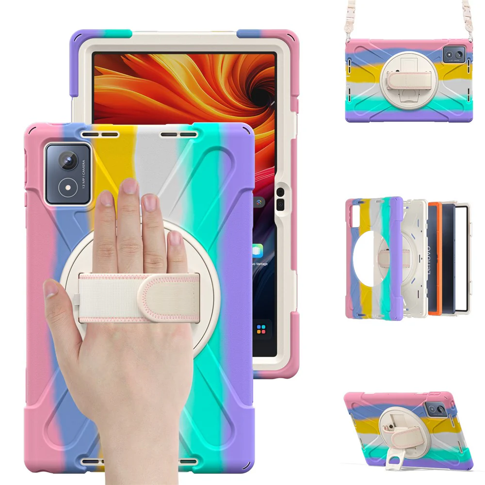 For Lenovo Tab K11 Plus / Zhaoyang K11 B352FU, TB230XC Kickstand Case TPU PC Silicone Tablet Cover with Shoulder Strap - Colorful Pink - Image 2