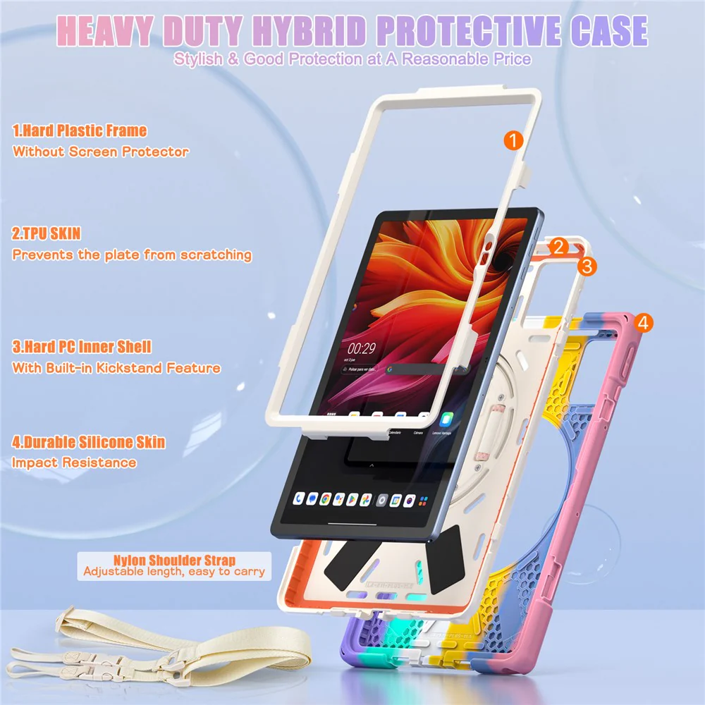 For Lenovo Tab K11 Plus / Zhaoyang K11 B352FU, TB230XC Kickstand Case TPU PC Silicone Tablet Cover with Shoulder Strap - Colorful Pink - Image 4