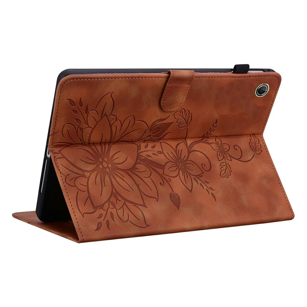 For Lenovo Tab K9 Case Lily Flower Imprint Card Slots Leather Tablet Cover - Brown - Image 4